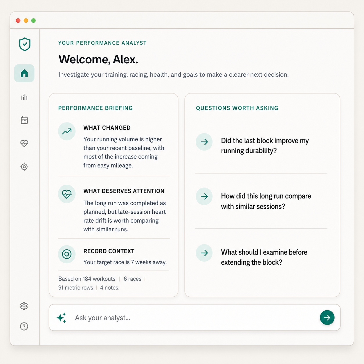 Athdex home screen showing a performance briefing, questions worth asking, and the Ask your analyst chat box